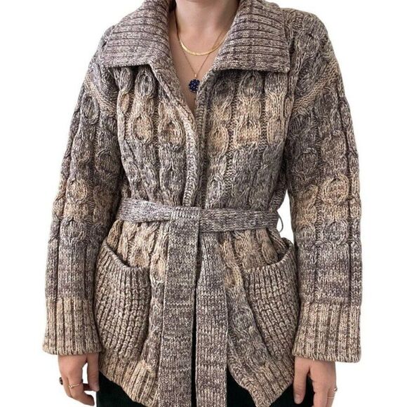 Vintage Womens Hand Knit Brown Wool Oversized Cable Fisherman Cardigan Sz L - Picture 1 of 9